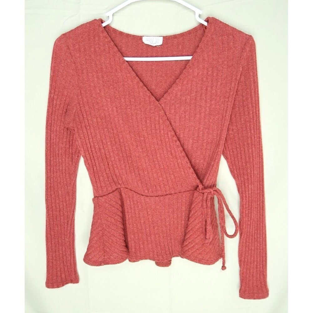Sienna Sky Red Tunic Style Wrap Top Long Sleeves Ribbed Side Tie Womens XS EUC